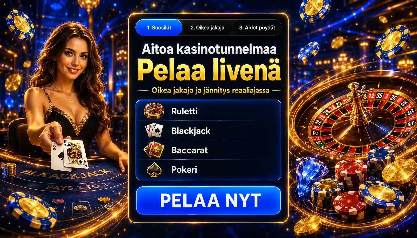 Aito livekasinokokemus oikealla jakajalla ja pelejä reaaliajassa