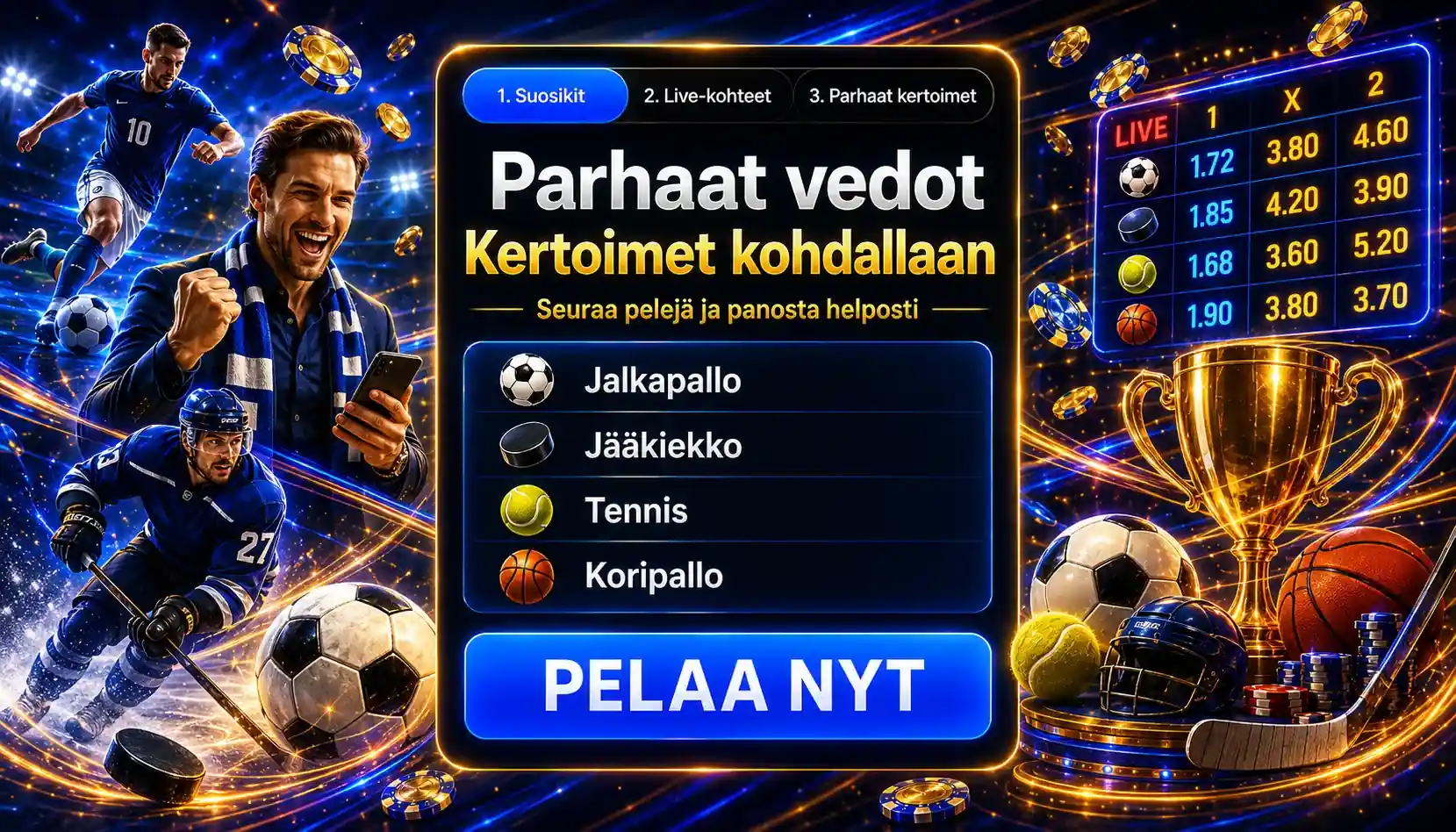 Urheiluvedonlyönti tunnetuilla kertoimilla jalkapalloon ja muihin lajeihin